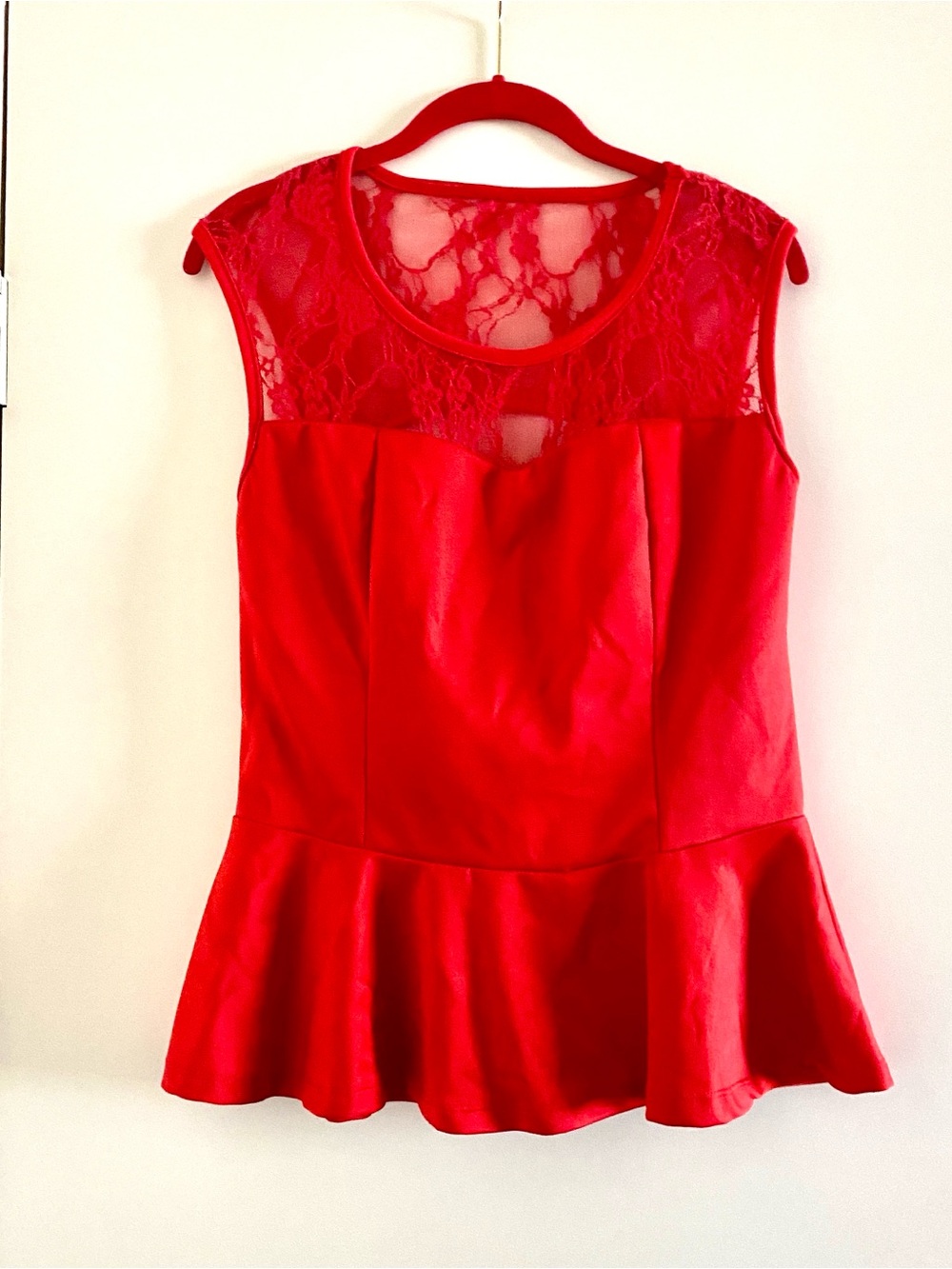 Women’s Red Lace Yoke Peplum Blouse